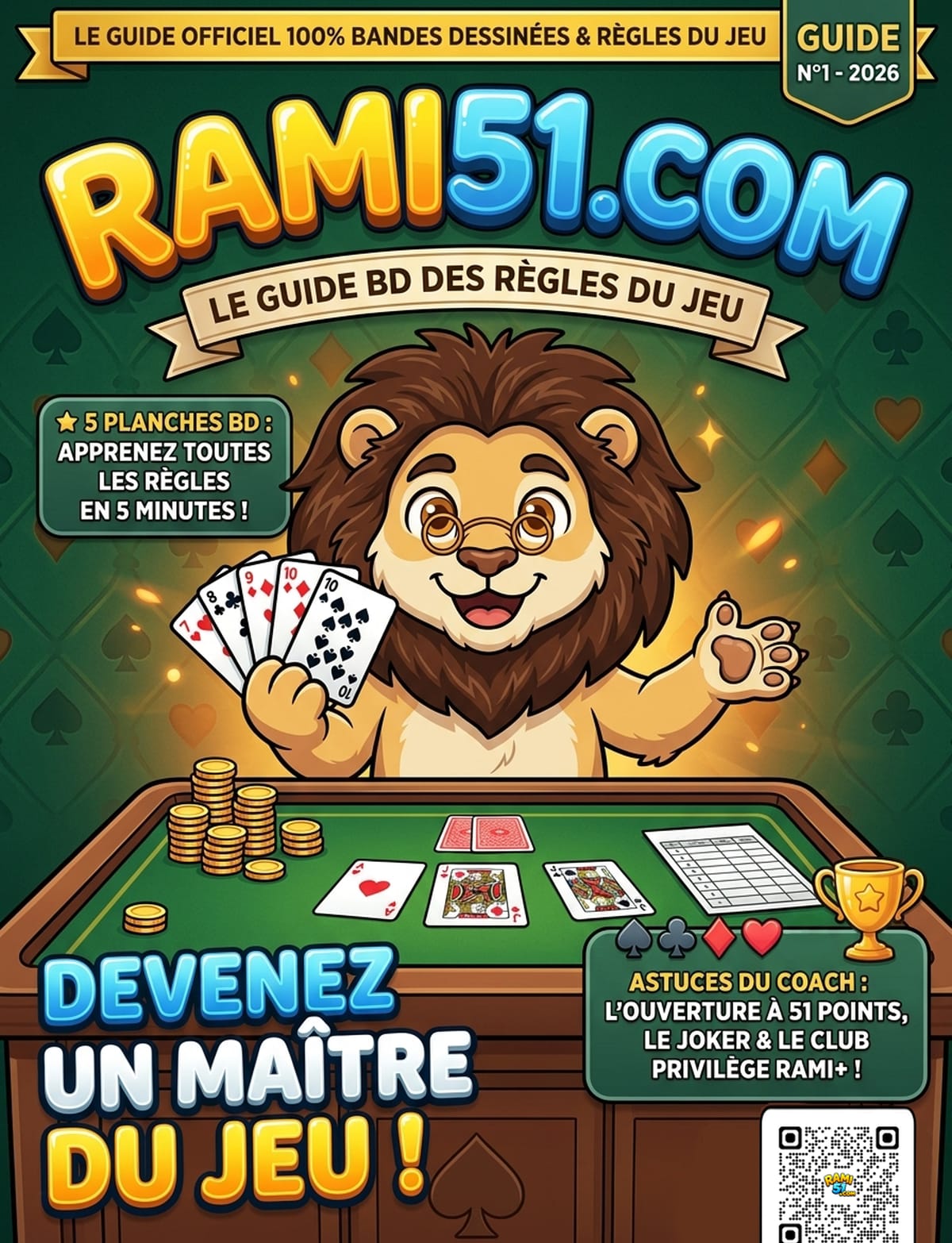 Couverture du guide BD : le Coach Lion présente le guide officiel des règles du Rami 51 en bande dessinée